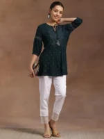 Green Woven Design Rayon A-Line Kurti - Image 3