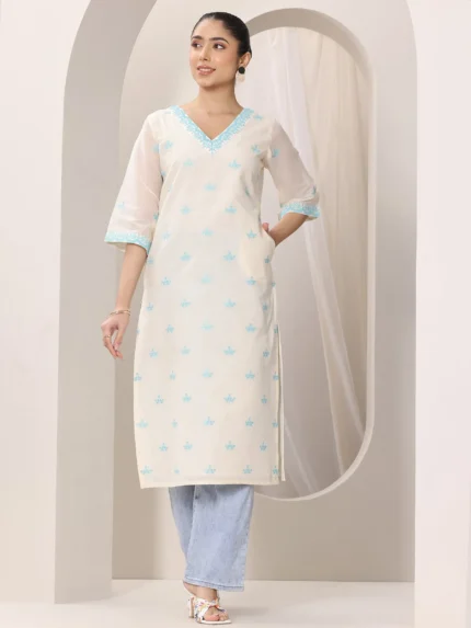 Off white Embroidered Cotton Straight Kurta