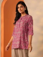 Pink Printed Silk Blend Straight Short Kurti - Image 2