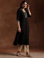 Black Yoke Design Silk A-Line Kurta - Image 2