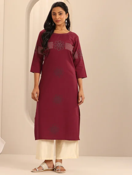 Red Printed Cotton Blend Straight Kurta
