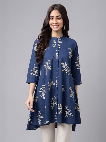 Navy Blue Pure Cotton Floral Printed A-Line Short Kurti