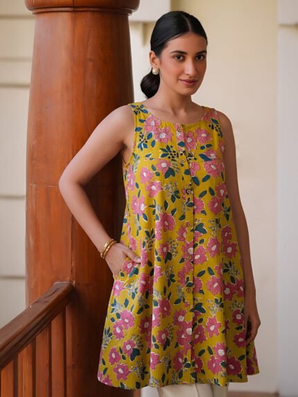 Yellow Pure Cotton Floral Printed A-Line Short Kurti
