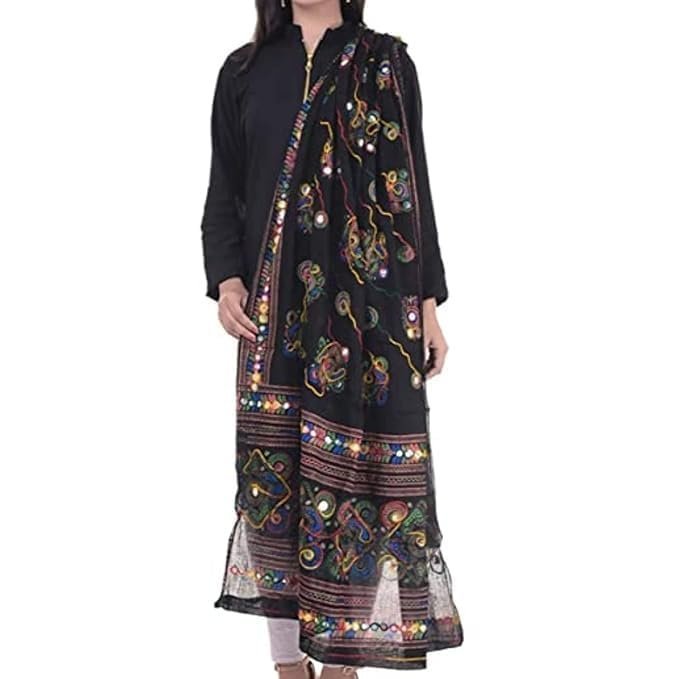 41nmfiyKQoL.jpg Dupatta For Women Gujarati/Rajasthani/Jaipuri Style Embroidered Cotton Dupatta With Plastic Mirror Work Ethnic Multicolor Designer Chunni - Image 1