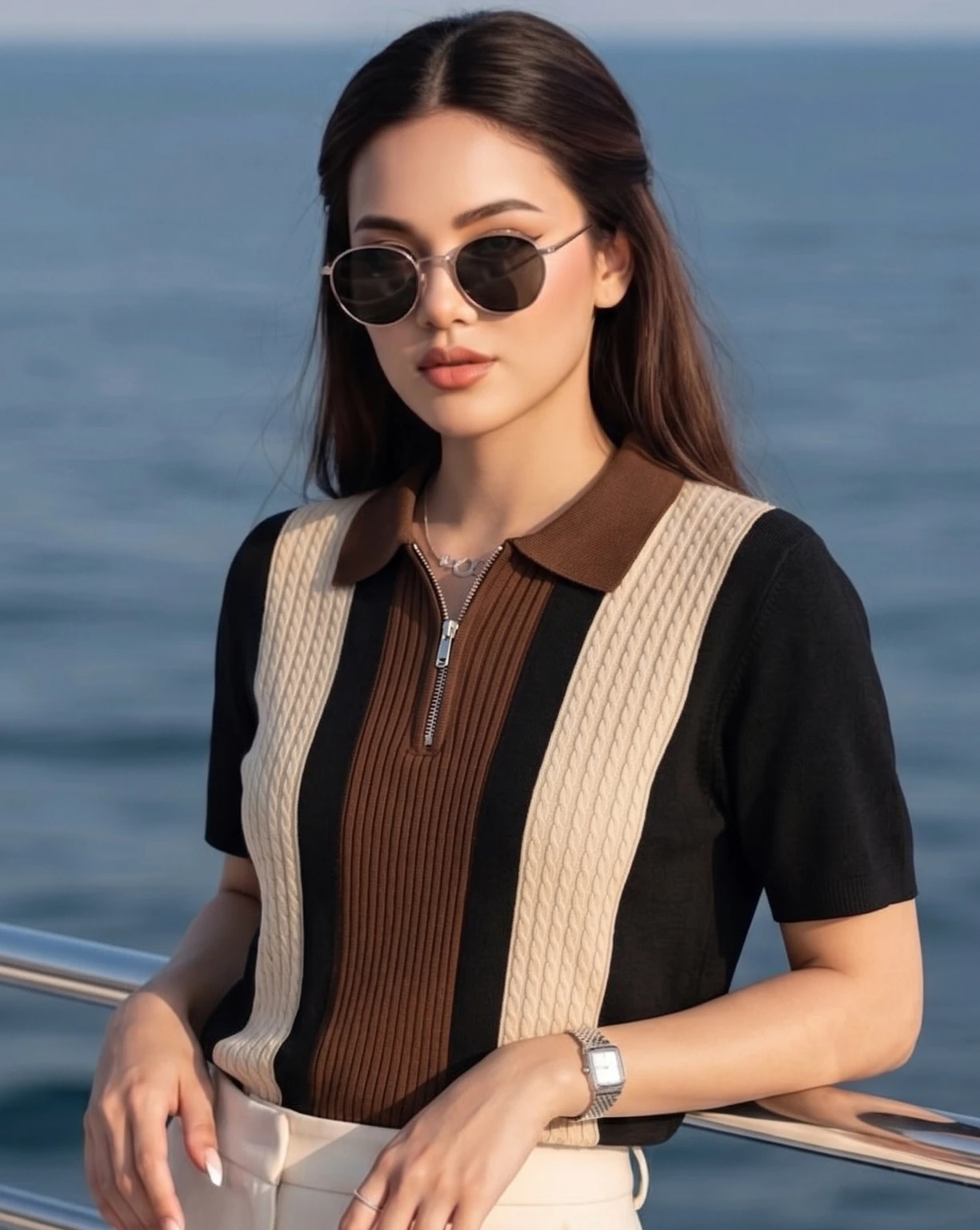 m-4052-aoosh-original-imahmygezspuzfrj.webp Women Colorblock Zip Neck Cotton Blend Brown, Black T-Shirt - Image 1